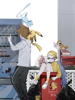 2boys alternate_color bird blue_oak bottle bouquet brown_hair character_print commentary_request cup disposable_cup dragonair dragonite drinking_straw envelope fence flower gen_1_pokemon hat highres hood hood_down in_container in_trash_can legendary_pokemon male_focus mew_(pokemon) milk_bottle moomoo_milk multiple_boys mythical_pokemon nintendo pants pidgey pokemon pokemon_(creature) pokemon_frlg red_(pokemon) shiny_pokemon shirt shoes short_hair socks trash_bag trash_can vending_machine water_bottle white_footwear x_grlo4 yellow_hat yellow_shirt yellow_socks