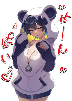 1girl animal_hood black_hair black_jacket blue_eyes blue_hair breasts cleavage colored_tips fang heart highres hood hooded_jacket jacket kirimmitsu large_breasts multicolored_hair naked_jacket open_mouth original panda_hood short_hair sleeves_past_fingers sleeves_past_wrists solo tan tanline white_background white_hood white_jacket