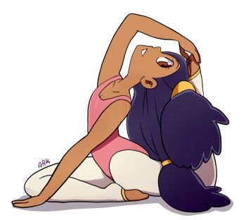 1girl alternate_costume arm_up arttmadness bad_id bad_tumblr_id bare_shoulders breasts brown_eyes cleavage collarbone dark-skinned_female dark_skin feet female_focus flat_chest flexible from_side full_body hair_tie head_back iris_(pokemon) leggings leotard long_hair looking_at_viewer looking_to_the_side nintendo pantyhose pink_leotard pokemon pokemon_bw profile purple_hair signature simple_background sitting smile solo stretching teeth text_focus toeless_legwear white_background white_leggings white_pantyhose workout_clothes yoga