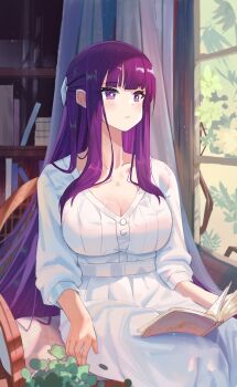 1girl absurdres blunt_bangs blush book bookshelf breasts chair cleavage closed_mouth collarbone commentary_request curtains dress fern_(sousou_no_frieren) hair_ornament highres holding holding_book indoors large_breasts long_dress long_hair looking_to_the_side on_chair open_book psh5528 purple_eyes purple_hair sitting sousou_no_frieren straight_hair very_long_hair white_dress window