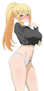 1girl absurdres adapted_costume arm_under_breasts black_shirt blonde_hair blue_eyes blush bow bow_panties braid breasts closed_mouth cropped_shirt darkness_(konosuba) finger_to_mouth frixtied hair_ornament hand_up highres kono_subarashii_sekai_ni_shukufuku_wo! large_breasts long_hair long_sleeves looking_at_viewer navel panties ponytail ponytail_with_braided_base shirt simple_background smile solo standing thighs underwear white_background white_panties x_hair_ornament