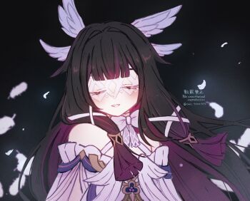 1girl bare_shoulders black_background black_hair bow closed_eyes columbina_(genshin_impact) dress eye_mask feathers genshin_impact hair_ornament hair_ribbon highres long_hair mask multicolored_hair pink_hair ribbon see-through_clothes see-through_mask solo touma_(owo_tooooma) two-tone_hair watermark white_bow white_dress white_ribbon wing_hair_ornament