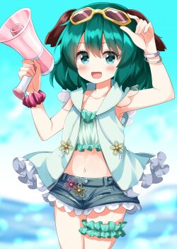 Rule 34 | 1girl, :d, animal ears, bikini, bikini top only, blue shorts, blue vest, blush, bracelet, collarbone, commentary, cowboy shot, dog ears, dog girl, dog tail, frilled vest, frills, goggles, goggles on head, green bikini, green eyes, green hair, highres, holding, holding megaphone, jewelry, kasodani kyouko, looking at viewer, megaphone, navel, open clothes, open mouth, open vest, red scrunchie, ruu (tksymkw), scrunchie, short hair, short shorts, shorts, sitting, smile, solo, swimsuit, tail, touhou, touhou lostword, vest, wrist scrunchie