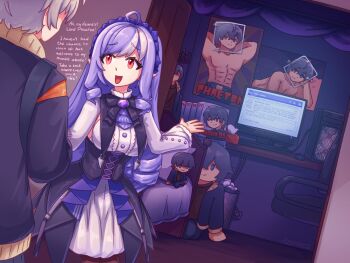 1boy 1girl ahoge azzypics black_jacket black_skirt character_doll commentary computer doll dress drill_hair dutch_angle english_commentary frilled_sleeves frills grey_hair high-waist_skirt highres indoors jacket long_hair long_sleeves open_mouth overskirt pink_hair pointy_ears poster_(object) showgirl_skirt skirt vivian_banshee white_dress wise_(zenless_zone_zero) zenless_zone_zero