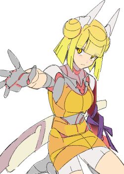 Rule 34 | 1girl, adapted costume, arm ribbon, armor, armored boots, belt, blonde hair, blunt bangs, blunt ends, boots, breasts, closed mouth, cowboy shot, double bun, dress, grey armor, grey belt, hair bun, hand up, headgear, joutouguu mayumi, looking at viewer, medium breasts, orange dress, orange eyes, quatro10257041, ribbon, short dress, short hair, shorts, simple background, sitting, sleeveless, sleeveless dress, solo, touhou, white background, white shorts