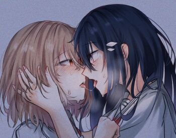 2girls after_kiss badajoge158 black_hair blue_eyes blush brown_eyes brown_hair commentary long_hair medium_hair multiple_girls oumi_shiori saliva saliva_trail shirt sweat symbol-only_commentary watashi_wo_tabetai_hitodenashi white_shirt yaotose_hinako yuri