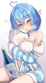 1girl ahoge aqua_jacket blue_hair blush bottle breasts camisole collarbone commentary_request daifuku_(yukihana_lamy) drunk elf fingernails fluffy_clothes fur-trimmed_jacket fur-trimmed_sleeves fur_trim hair_between_eyes hair_ornament heart heart_ahoge highres hololive jacket large_breasts long_hair looking_at_viewer nail_polish official_alternate_costume open_mouth pink_nails pointy_ears polka_dot polka_dot_camisole short_hair simple_background sitting skirt sleepwear solo striped_clothes striped_jacket vertical-striped_clothes vertical-striped_jacket very_long_hair virtual_youtuber white_background white_camisole white_skirt wine_bottle yellow_eyes yukihana_lamy yukihana_lamy_(roomwear) yukimin_(yukihana_lamy) z.m._(zimin)
