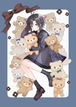 1girl absurdres antenna_hair black_hair black_sailor_collar black_socks blue_border blue_bow blush border bow brown_shoes closed_mouth commentary_request dress flower_symbol full_body grey_eyes grid_background hair_bow highres holding holding_stuffed_toy idolmaster idolmaster_(classic) kikuchi_makoto loafers long_sleeves looking_at_viewer plaid_clothes plaid_dress red_bow sailor_collar sailor_dress shirako_(srk_srtk) shoes short_hair smile socks solo stuffed_animal stuffed_toy teddy_bear watermark