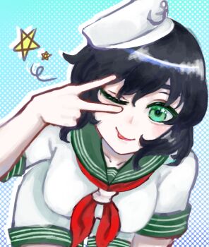 1girl bent_over black_hair breasts collared_shirt commentary_request green_eyes hat large_breasts looking_at_viewer murasa_minamitsu neckerchief one_eye_closed red_neckerchief sailor_collar sailor_hat shirt short_hair short_sleeves shorts simple_background smile solo tongue tongue_out touhou v white_hat white_shirt white_shorts yumera