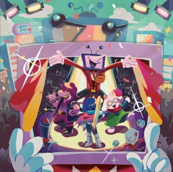1girl 1other absurdres ant_tenna city confetti crowd deltarune dice formal_clothes gloves goat_boy highres holding holding_sword holding_weapon key_visual kris_(dark_world)_(deltarune) kris_(deltarune) monitor_head multiple_boys non-web_source official_art outstretched_arms pippins_(deltarune) pointy_nose promotional_art ralsei round_eyewear shadowguy_(deltarune) sharp_teeth standing suit susie_(dark_world)_(deltarune) susie_(deltarune) sword teeth third-party_source utdr_(toby_fox) weapon white_gloves zapper_(deltarune)