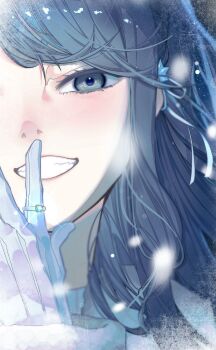 1girl absurdres aqua_gemstone black_hair close-up commentary english_commentary frost gem gloves grey_eyes grin hair_ornament hakukari highres hoshino_ichika_(project_sekai) jewelry long_hair looking_at_viewer out_of_frame portrait project_sekai ring sidelocks sleeves_past_wrists smile solo star_(symbol) star_hair_ornament swept_bangs white_gloves