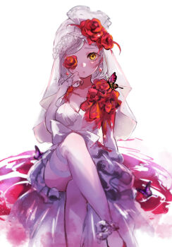 1girl :o absurdres breasts bridal_gauntlets bridal_veil bug butterfly chigiri_kurenai crossed_legs dress earrings feet_out_of_frame flower flower_ornament hand_on_own_chin hat hat_flower head_tilt highres identity_v insect jewelry looking_at_viewer medium_breasts official_alternate_costume purple_butterfly raised_inner_eyebrows red_flower red_rose rose sitting solo stained_clothes thighhighs veil vera_nair vera_nair_(crimson_bride) white_dress white_thighhighs yellow_eyes