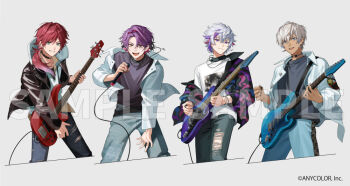 4boys black_jacket black_shirt commentary_request copyright_notice cropped_legs dark-skinned_male dark_skin denim fuwa_minato green_eyes grey_background grey_shirt grin guitar hair_over_one_eye holding holding_guitar holding_instrument holding_microphone holding_plectrum ibrahim_(nijisanji) instrument isamu jacket jeans lauren_iroas looking_at_viewer male_focus microphone multicolored_hair multiple_boys nijisanji off_shoulder official_art open_mouth pants plectrum ponytail purple_eyes purple_hair red_hair sample_watermark shirt short_hair smile streaked_hair torn_clothes torn_jeans torn_pants virtual_youtuber watarai_hibari watermark white_hair white_jacket white_shirt yellow_eyes