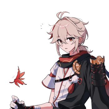 1boy antenna_hair armor bandaged_arm bandaged_hand bandages black_gloves black_haori black_scarf commentary crossed_bangs fingerless_gloves genshin_impact gloves hair_between_eyes hair_intakes hand_up haori highres japanese_armor japanese_clothes kaedehara_kazuha kimono leaf long_hair long_sleeves looking_at_viewer looking_to_the_side low_ponytail male_focus maple_leaf multicolored_hair parted_lips pom_pom_(clothes) ponytail red_eyes red_hair red_scarf scarf short_sleeves shoulder_armor simple_background single_sode sode solo streaked_hair untranslatable_commentary tassel ttuyer0 upper_body white_background white_hair white_kimono