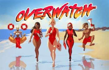 Rule 34 | 2boys, 3girls, ana (overwatch), baywatch, beach, blue-tinted eyewear, blue-tinted glasses, blue sky, bodysuit, dark-skinned female, dark-skinned male, dark skin, day, denimcatfish, diving suit, eyepatch, floating, highleg, highleg one-piece swimsuit, hood, innertube, jumping, lifeguard, looking at viewer, lucio (overwatch), mechanical arms, megaphone, mercy (overwatch), multiple boys, multiple girls, ocean, one-piece swimsuit, outdoors, overwatch, overwatch 1, parody, robot, running, single mechanical arm, sky, smile, sunglasses, swim ring, swimsuit, symmetra (overwatch), tattoo, tinted eyewear, title parody, wetsuit, zenyatta (overwatch)