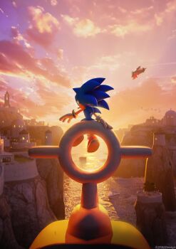 1boy 2204design absurdres aircraft airplane animal_ears animal_nose apotos blender_(medium) blue_fur bracelet city cloud cloudy_sky flying from_behind furry furry_male gloves hedgehog highres house in-universe_location jewelry looking_at_hand male_focus outdoors red_shoes shoes sitting sky sneakers socks sonic_(series) sonic_the_hedgehog sonic_unleashed spoilers sunset tornado_(airplane)_(sonic) white_gloves white_socks