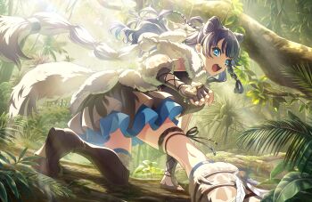 Rule 34 | 1girl, all fours, black boots, black shirt, black skirt, blue eyes, blue hair, blue skirt, boots, braid, capelet, cone hair bun, double bun, fake tail, floating hair, fur-trimmed boots, fur capelet, fur trim, game cg, hair bun, highres, layered skirt, link! like! love live!, long hair, looking at viewer, love live!, miniskirt, murano sayaka, non-web source, official art, open mouth, outdoors, rainforest, reboot (love live!), self-datamine, shirt, side braids, skirt, solo, tail, teeth, upper teeth only, v-shaped eyebrows, virtual youtuber, wolf tail