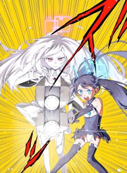 Rule 34 | 2girls, a (mitei7926), aiming, aiming at viewer, aris (armed) (blue archive), aris (blue archive), bare shoulders, black boots, black hair, blue archive, blue eyes, boots, commentary request, covered navel, dirty, dirty face, dragon ball, dragonball z, dress, elbow gloves, emphasis lines, father-son kamehameha, firing, floating hair, gloves, halo, headgear, kamehameha (dragon ball), kei (blue archive), kei (new body) (blue archive), leotard, long hair, looking at viewer, multiple girls, open mouth, outstretched arm, parted lips, railgun, red eyes, ringed eyes, sound effects, standing, sweat, thigh boots, torn clothes, twintails, v-shaped eyebrows, white dress, white hair, yellow background