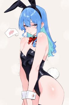Rule 34 | 1girl, absurdres, animal ear hairband, animal ears, asymmetrical sidelocks, bare shoulders, black hairband, black leotard, blue eyes, blue hair, bluefield, bow, bowtie, breasts, cleavage, commentary, detached collar, double-parted bangs, english commentary, fake animal ears, fake tail, grey background, hair between eyes, hairband, highres, hololive, hoshimachi suisei, leotard, long hair, looking at viewer, playboy bunny, rabbit ear hairband, rabbit ears, rabbit tail, red bow, red bowtie, sidelocks, simple background, solo, spoken blush, star (symbol), star in eye, strapless, strapless leotard, symbol in eye, tail, virtual youtuber, white wrist cuffs, wrist cuffs