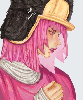 1girl black_fur blunt_bangs commentary dress from_side fur_hat grey_background grey_shirt hat highres hot_pants_(sbr) jojo_no_kimyou_na_bouken kayatyun long_sleeves makeup medium_hair parted_lips pink_dress pink_eyes pink_hair pink_lips portrait profile shirt solo steel_ball_run symbol-only_commentary teeth
