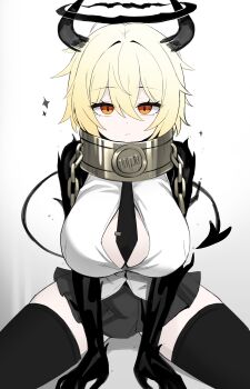 1girl absurdres black_necktie black_skirt black_thighhighs blonde_hair breasts button_gap chain commentary_request demon_tail don_quixote_(project_moon) eyelashes hair_between_eyes highres horns index_(identity)_(project_moon) kisa_(leg3043) korean_commentary large_breasts limbus_company looking_at_viewer medium_hair necktie orange_eyes project_moon sitting skirt solo sparkle tail thighhighs white_background