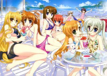 10s 6+girls :3 :d ;d absurdres alternate_color_school_swimsuit ass asteion barefoot bikini blonde_hair blue_eyes blush bow breasts brown_hair cat chair cleavage corona_timir criss-cross_halter drink drinking drinking_straw einhard_stratos fate_testarossa food front-tie_top fujima_takuya green_eyes green_hair halterneck heterochromia highres large_breasts long_hair lounge_chair lying lyrical_nanoha mahou_shoujo_lyrical_nanoha mahou_shoujo_lyrical_nanoha_vivid md5_mismatch multiple_girls navel official_art on_side one-piece_swimsuit one_eye_closed open_mouth palm_tree pink_one-piece_swimsuit pink_sarong pocky pocky_kiss pool purple_eyes purple_hair rabbit red_eyes rio_wezley sacred_heart sarong scan school_swimsuit shared_food shared_straw shiny_skin short_hair side_ponytail sideboob sitting smile strap_gap swimsuit takamachi_nanoha thigh_gap tree underboob untied vita_(nanoha) vivio wardrobe_malfunction water wink yagami_hayate yuri
