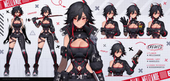 1girl ahoge animal_ears artist_name asymmetrical_clothes asymmetrical_gloves asymmetrical_pants black_gloves black_hair black_leotard black_nails black_pants black_sclera black_shoes breasts cat_ears character_name cleavage cleavage_cutout closed_mouth clothing_cutout colored_sclera commentary controller crossed_arms cup double-parted_bangs drinking_glass english_commentary fingerless_gloves flipped_hair full_body game_controller gloves gun hair_between_eyes hand_up heattech_leotard highres holding holding_controller holding_cup holding_game_controller holding_gun holding_sword holding_weapon indie_virtual_youtuber kemonomimi_mode large_breasts leotard looking_at_viewer melizande multiple_expressions multiple_views nanoless navel navel_cutout open_mouth pants red_eyes red_streaks reference_sheet sharp_teeth shoes short_hair single_bare_shoulder single_fingerless_glove single_pantsleg smile straight-on sword teeth tongue tongue_out turtleneck vampire virtual_youtuber weapon white_background x_(symbol)