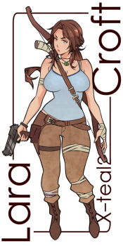 1girl bow_(weapon) brown_hair female_focus full_body gun handgun jewelry lara_croft looking_at_viewer necklace ponytail solo tank_top tomb_raider tomb_raider_(reboot) weapon x-t3al