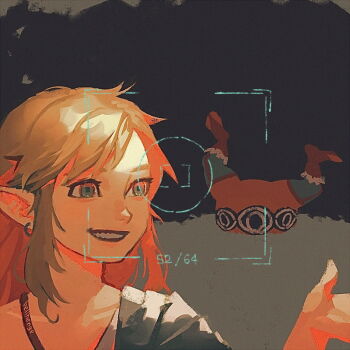 2boys ahoge bellhenge blonde_hair blue_eyes earrings jewelry kohga link looking_at_viewer male_focus multiple_boys nintendo pointy_ears short_hair smile the_legend_of_zelda the_legend_of_zelda:_tears_of_the_kingdom video_camera
