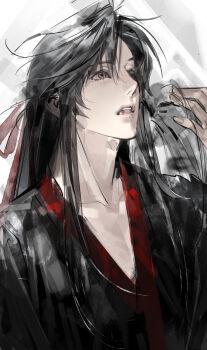 1boy 1other absurdres bishounen black_hair black_hanfu chenshixuanxiaoyipinyixiao chinese_clothes collarbone ghost grey_eyes hair_down hair_ribbon half_updo hand_on_another&#039;s_head hand_up hanfu highres long_hair looking_up male_focus modao_zushi official_alternate_hairstyle open_mouth red_ribbon ribbon robe sidelocks sketch solo teeth upper_body wei_wuxian wei_wuxian_(yiling_laozu) white_background