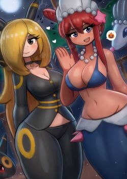 2girls absurdres animal animal_ears animal_hair_ornament black_cat black_eyes black_fur black_pants black_shirt blonde_hair blue_eyes blush breasts cat cat_ears choker cleavage collarbone colored_sclera cosplay cynthia_(pokemon) fake_animal_ears full_moon gen_2_pokemon gen_7_pokemon hair_bun hair_ornament hair_over_one_eye halloween halloween_costume heart highres jewelry large_breasts long_hair long_sleeves looking_at_viewer maid_headdress medium_breasts midriff moon multiple_girls navel necklace night night_sky nintendo open_mouth pants pearl_necklace pokemon pokemon_bw pokemon_dppt primarina primarina_(cosplay) purple_skirt red_hair red_sclera seal_(animal) shirt short_hair side_bun sidelocks skirt sky skyla_(pokemon) smile speech_bubble spikes spoken_jack-o&#039;-lantern spoken_object standing star_(sky) star_(symbol) star_hair_ornament starfish_hair_ornament starry_sky teeth thick_thighs thighs tony_welt tree umbreon umbreon_(cosplay) white_fur wide_hips