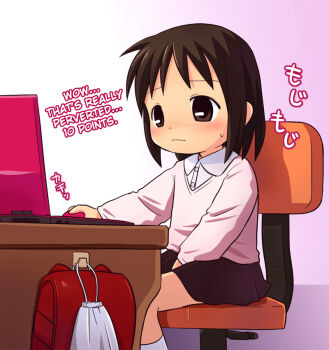 backpack bag between_legs blush brown_eyes brown_hair chair computer desk female_masturbation fingering hand_between_legs hard-translated laptop loli masturbation mika-shi original pornography randoseru sitting skirt solo sweatdrop text_focus third-party_edit translated viewing_pornography