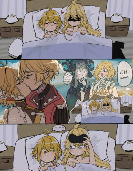 ... :3 absurdres aftersex aged_up ahoge blonde_hair blue_eyes cyborg dadeltan eye_mask fiora_(xenoblade) flashback heart highres husband_and_wife kiss long_hair mask mecha-fiora meyneth_(xenoblade) monolith_soft parody shared_thought_bubble short_hair shulk_(xenoblade) sidelocks speech_bubble sweatdrop thought_bubble under_covers vest xeno_(series) xenoblade_chronicles_(series) xenoblade_chronicles_1 xenoblade_chronicles_3 xenoblade_chronicles_3:_future_redeemed zanza_(xenoblade)