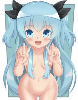 1girl :d absurdres belly blue_eyes blue_hair blush bow breasts collarbone colored_eyelashes completely_nude cowboy_shot double_v female_focus hair_between_eyes hair_bow hands_up highres loli long_hair looking_at_viewer navel nipples noel_(sora_no_method) nude open_mouth pussy small_breasts smile solo sora_no_method standing two_side_up v very_long_hair waiting_for_cum wide_hips yami_45612