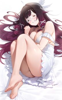 1girl absurdres babydoll barefoot black_hair blush breasts clenched_teeth closed_eyes closed_mouth columbina_(genshin_impact) commentary eye_mask fetal_position genshin_impact hair_spread_out head_wings highres knees_up large_breasts long_hair mask purple_hair solo teeth weimiaw white_babydoll white_mask white_wings wings x-shaped_eyewear