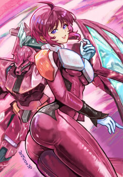 1girl absurdres ahoge ass bodysuit breasts commentary dated gelgoog_menace gundam gundam_seed gundam_seed_destiny highres looking_at_viewer lunamaria_hawke mecha mecha_pilot_suit mobile_suit normal_suit_(gundam) okrdisk2000 purple_eyes red_bodysuit red_hair robot science_fiction short_hair solo