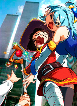 1boy 2girls absurdres aqua_(konosuba) bandaged_leg bandages belt blue_dress blue_hair brown_belt brown_hair detached_sleeves dress fighting hat highres kono_subarashii_sekai_ni_shukufuku_wo! mage_staff megumin multiple_girls new_york_city open_mouth outdoors outstretched_hand red_dress satou_kazuma single_thighhigh snegovski staff thighhighs witch_hat world_trade_center yellow_trim