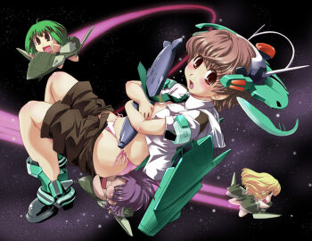 1boy 3girls aif-7s bulge chibi clothes_pull cosplay ghost_drone ikuya ikuya_daikokudou luca_angeloni macross macross_frontier matsuura_nanase mecha mecha_musume multiple_girls panties pants pants_pull parody pulling_another&#039;s_clothes ranka_lee robot s.m.s. sheryl_nome shorts shorts_pull side-tie_panties space underwear vf-25