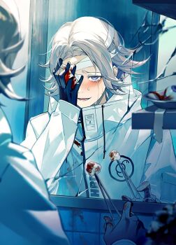 1boy aotsuki_eito bandaged_head bandages black_gloves bleeding blood blood_on_clothes blurry blurry_foreground broken_mirror commentary cotton_ball covering_one_eye crying crying_with_eyes_open eyeball glasses gloves grey_hair grin hand_up highres holding_tissue implied_self-harm indoors jacket looking_at_viewer lower_teeth_only male_focus mirror purple_eyes reflection reflection_focus shiosakana short_hair smile solo spoilers sweat symbol-only_commentary tears teeth the_hundred_line_-last_defense_academy- white_jacket