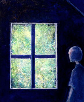 Rule 34 | 1girl, back, backlighting, black theme, ceiling, chiaroscuro, commentary, dark, dim lighting, from behind, green theme, heriki (trkj), high contrast, house, indoors, original, outdoors, plant, scenery, shirt, short hair, short sleeves, solo, upper body, window