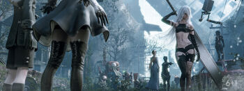 1boy 2b_(nier:automata) 3d 5girls 5others 9s_(nier:automata) a2_(nier:automata) absurdres android armor artist_logo ass bare_shoulders black_armor black_dress black_gloves black_thighhighs blonde_hair blurry blurry_background blurry_foreground boots breasts building bush car commander_(nier:automata) contrapposto covered_eyes day dress elbow_gloves emil_(nier) facing_away facing_viewer feather-trimmed_sleeves feather_trim feet_out_of_frame floating flower full_body gloves hair_ornament helmet highres holding holding_sword holding_weapon joints leaf logo long_hair long_sleeves motor_vehicle multiple_girls multiple_others nier:automata nier_(series) nixee3d no_blindfold outdoors overgrown pascal_(nier:automata) pod_(nier:automata) pointing power_lines robot robot_joints ruins salute scenery seven_(sixplusone) shorts skin_seams standing sword thighhighs thighhighs_under_boots tree weapon white_dress white_gloves white_hair