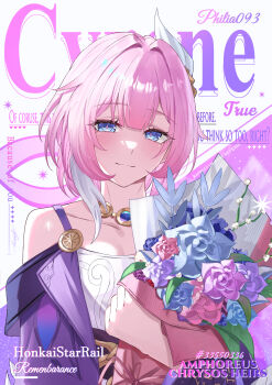 1girl absurdres bare_shoulders blue_eyes blush bouquet character_name closed_mouth coat collarbone commentary cover cyrene_(aedes_elysiae)_(honkai:_star_rail) cyrene_(honkai:_star_rail) dress fake_magazine_cover flower hair_ornament highres holding holding_bouquet honkai:_star_rail honkai_(series) jewelry looking_at_viewer magazine_cover medium_hair miya-chan_(lightning0730) necklace pink_pupils purple_coat smile solo upper_body white_dress