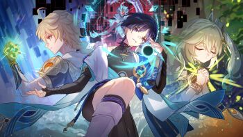 1girl 3boys absurdres aether_(genshin_impact) ahoge anemo_symbol_(genshin_impact) aqua_gem aqua_hair armlet armor asymmetrical_sidelocks black_bodysuit black_bridal_gauntlets black_gloves black_hair black_shorts black_skin black_sleeves blonde_hair blue_cape blue_halo blue_hands blue_kimono blue_sleeves blunt_ends bodysuit bracelet braid bridal_gauntlets cape closed_eyes closed_mouth colored_extremities colored_inner_hair colored_skin colored_tips covered_collarbone detached_sleeves dottore_(exalted_master_of_the_heretical_path)_(genshin_impact) dottore_(genshin_impact) dress eye_mask eyelashes eyeliner facing_to_the_side facing_viewer feathers fingernails frown furisode gem genshin_impact gloves gold gold_armlet gold_bracelet green_gem green_hair green_sleeves grey_trim hair_intakes hair_ornament hakama hakama_shorts half_crown_braid halo halo_behind_head hand_up hands_up head_tilt highres holding japanese_armor japanese_clothes jewelry juban kimono knee_up kote kurokote layered_sleeves leaf leaf_hair_ornament leg_warmers long_hair looking_at_viewer looking_to_the_side low-braided_long_hair low-tied_long_hair makeup mandala mask multicolored_hair multiple_boys mystical_high_collar nahida_(genshin_impact) open_clothes open_kimono own_hands_clasped own_hands_together parted_bangs parted_lips pauldrons pleated_shorts pointy_ears pom_pom_(clothes) purple_eyes purple_hair purple_pupils purple_rope red_eyeliner rope scaramouche_(genshin_impact) scarf short_sleeves shorts shoulder_armor shoulder_peek side_cape sidelocks single_pauldron tanemaki_monaka tsurime twitter_username vambraces vision_(genshin_impact) vortex wanderer_(genshin_impact) watermark white_dress white_hair white_kimono white_leg_warmers white_mouth white_scarf white_sleeves wind wispy_bangs yellow_eyes yellow_feathers