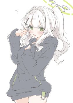 1girl black_hoodie blue_archive blush breasts commentary_request cross_hair_ornament drawstring green_eyes hair_between_eyes hair_ornament halo hare_(blue_archive) highres hood hood_down hoodie long_sleeves medium_breasts open_mouth ponytail sidelocks simple_background solo unot_227 white_background white_hair