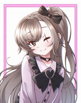 1girl black_bow black_bowtie black_choker black_skirt blush border bow bowtie brown_eyes brown_hair choker collared_shirt commentary crossed_bangs dress_shirt frilled_shirt_collar frills girls&#039;_frontline hair_between_eyes hair_bow head_tilt heart heart_choker highres jirai_kei jiwon_(sj1) long_hair looking_at_viewer one_eye_closed one_side_up outside_border parted_bangs pink_border pink_shirt scar scar_across_eye scar_on_face shirt sidelocks simple_background skirt smile solo ump45_(girls&#039;_frontline) upper_body very_long_hair white_background