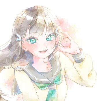 Rule 34 | 1girl, aqua eyes, aqua neckerchief, brown hair, character request, commentary request, grey sailor collar, hair ornament, hand up, highres, long hair, long sleeves, looking at viewer, love live!, love live! sunshine!!, mugiyounicos2, neckerchief, open mouth, pale color, sailor collar, sailor shirt, school uniform, shirt, smile, solo, upper body, white background, wispy bangs, yellow shirt