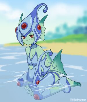 Rule 34 | absurdres, digimon, digimon (creature), fins, frog girl, head fins, helmet, highres, kakudrawmon, monster girl, ranamon