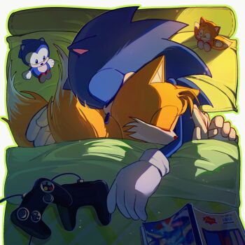 bed bed_sheet blanket blonde_hair blue_fur blue_hair comic controller gloves highres hug on_bed pillow sega sleeping sonic_(series) sonic_the_hedgehog spiked_hair stuffed_toy tails_(sonic) yellow_fur zhigui7156