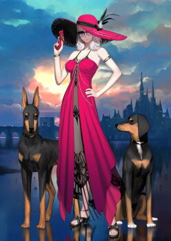 1girl anklet armlet bare_shoulders black_dress black_nails black_ribbon black_sandals blue_background bracelet breasts carmilla_(fate) carmilla_(swimsuit_rider)_(first_ascension)_(fate) cleavage closed_mouth contrapposto covered_navel dobermann dog dress fate/grand_order fate_(series) fingernails full_body game_cg gun hand_on_own_hip hand_up hat hat_feather hat_ribbon high_heel_sandals holding holding_gun holding_weapon jewelry large_breasts layered_dress lips long_dress looking_at_viewer medium_hair multiple_dogs official_art okojo panties pink_dress pink_hat ribbon sandals see-through_clothes see-through_dress_layer sleeveless sleeveless_dress solo spaghetti_strap standing sun_hat sundress sunglasses third-party_source toenails toes underwear variant_set weapon weapon_request white_hair white_panties