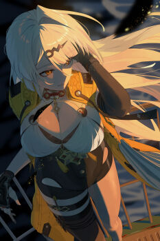 1girl absurdres ahoge black_bra black_gloves black_shorts black_thighhighs bra breasts cleavage closed_mouth commentary_request elbow_gloves fingerless_gloves gloves high-waist_shorts highres large_breasts looking_at_viewer mole mole_on_breast shinarika396 shirt shorts smile solo thigh_strap thighhighs underwear white_hair white_shirt yellow_eyes yixuan_(zenless_zone_zero) zenless_zone_zero